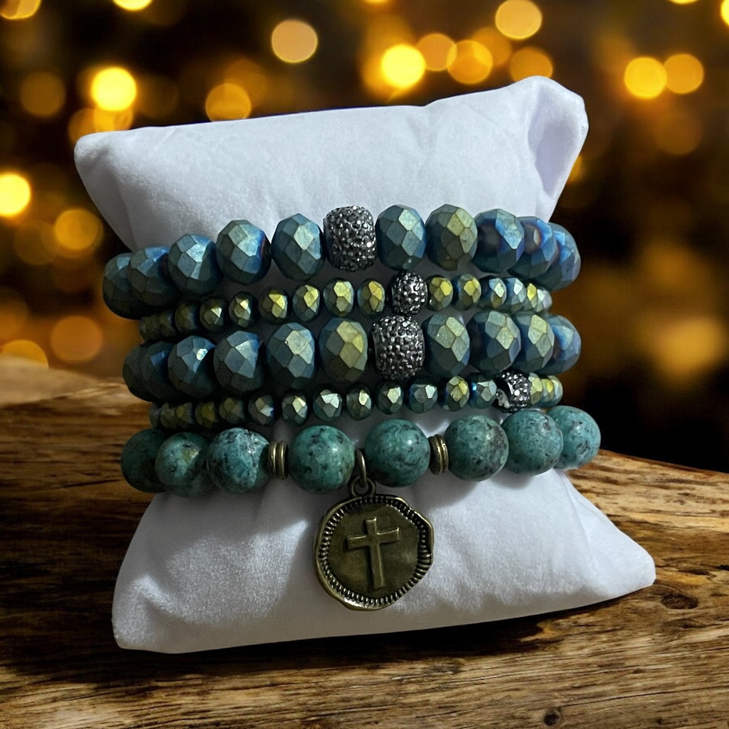 Teal Faith Stack Bracelet Set – Sparkling Faceted Beads & Antique Cross Charm