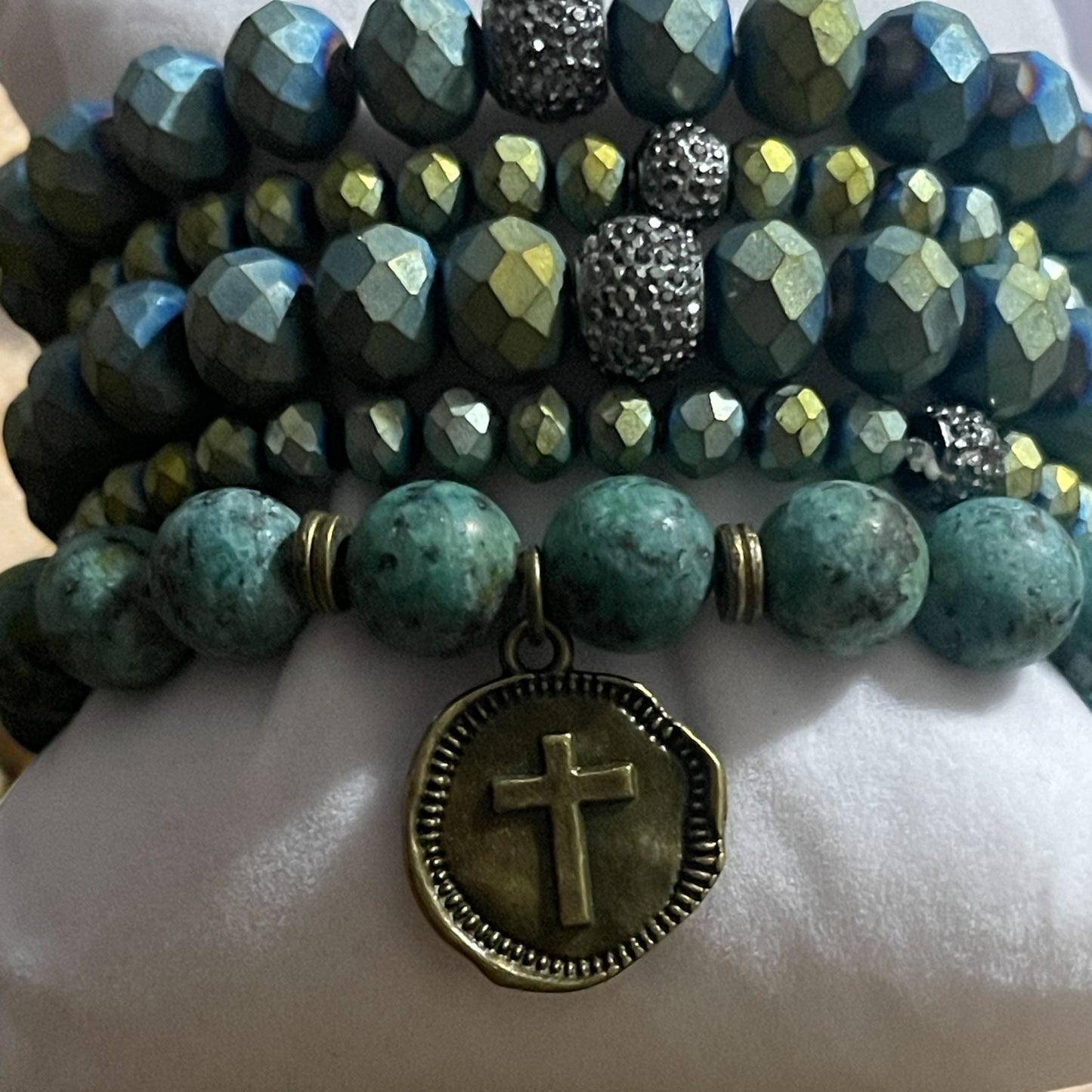 Teal Faith Stack Bracelet Set – Sparkling Faceted Beads & Antique Cross Charm