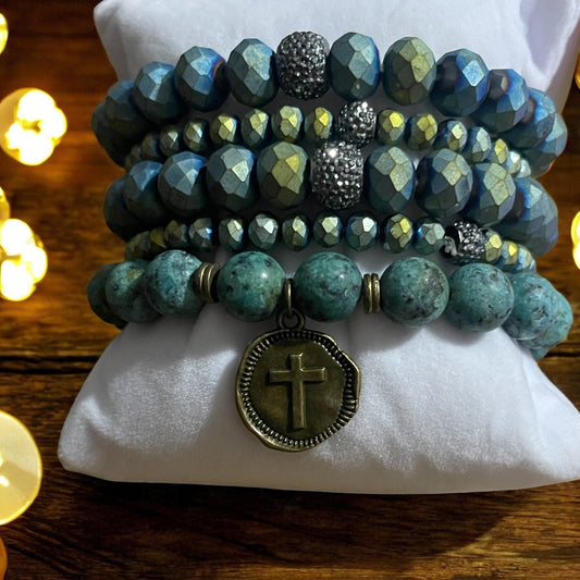 Teal Faith Stack Bracelet Set – Sparkling Faceted Beads & Antique Cross Charm