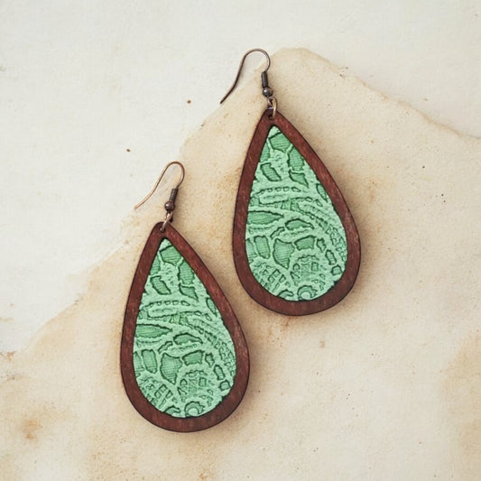 Green Lace and Wood Teardrop Earrings