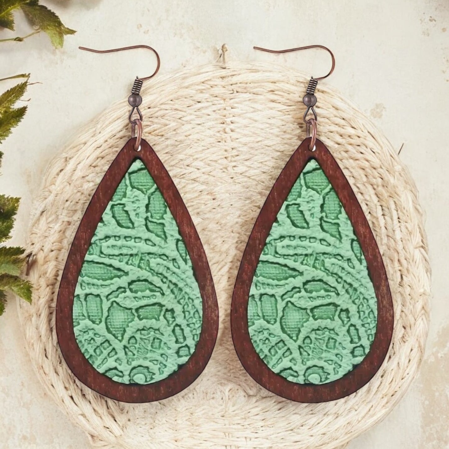 Green Lace and Wood Teardrop Earrings