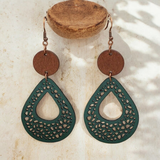 Green Faux Leather and Wood Teardrop Earrings