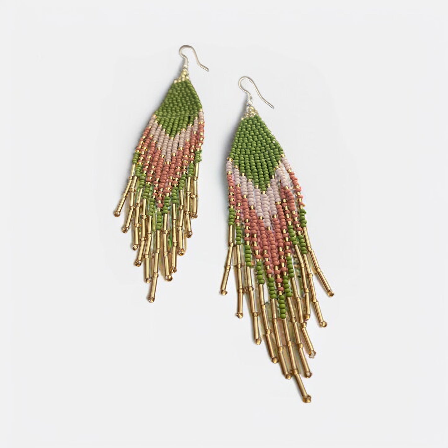 Gold, Green, Pink & White Beaded Fringe Earrings – Boho Chic Statement Jewelry