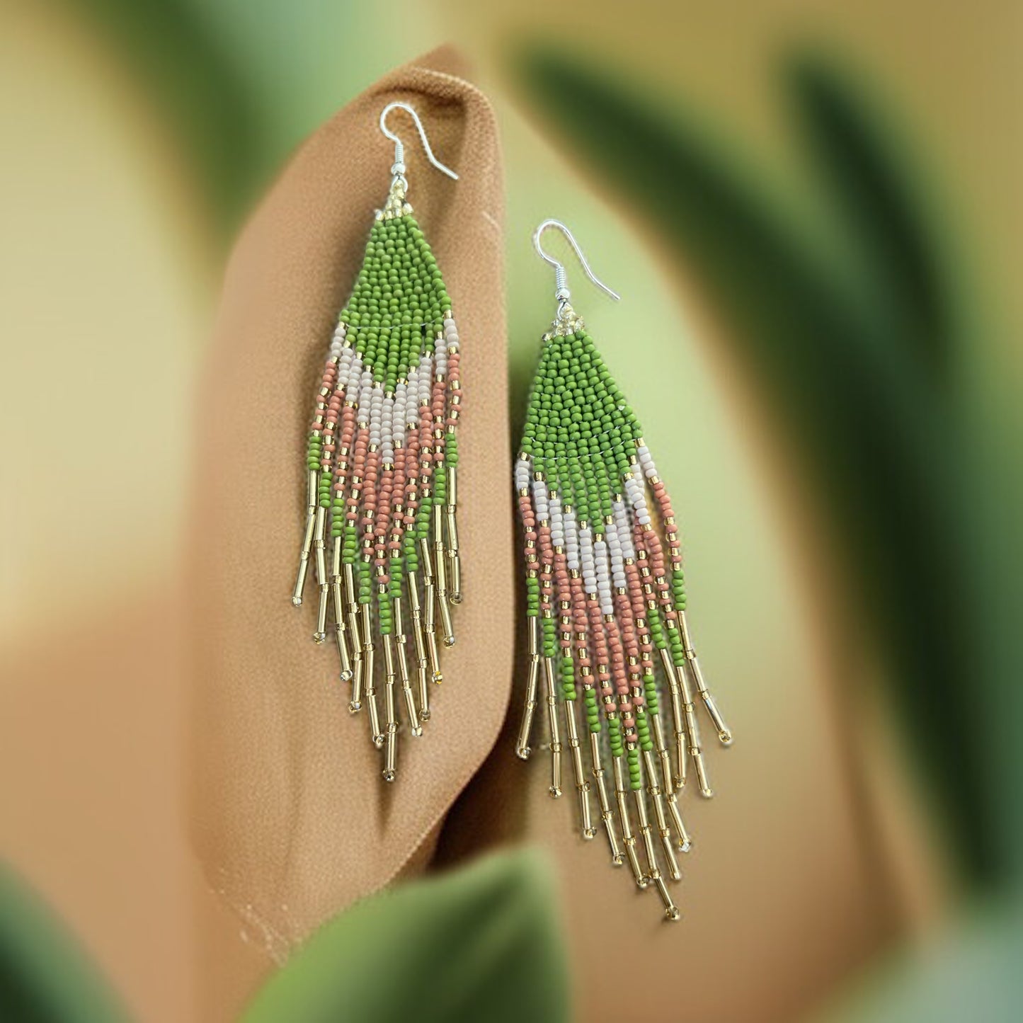 Gold, Green, Pink & White Beaded Fringe Earrings – Boho Chic Statement Jewelry