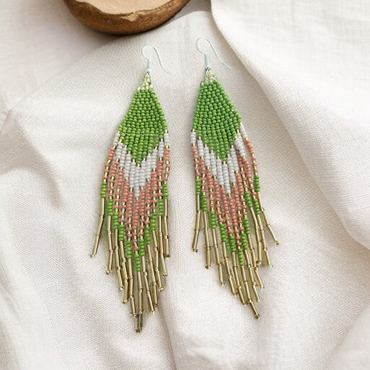 Gold, Green, Pink & White Beaded Fringe Earrings – Boho Chic Statement Jewelry