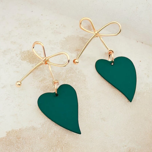 Green Heart & Gold Bow Dangle Earrings