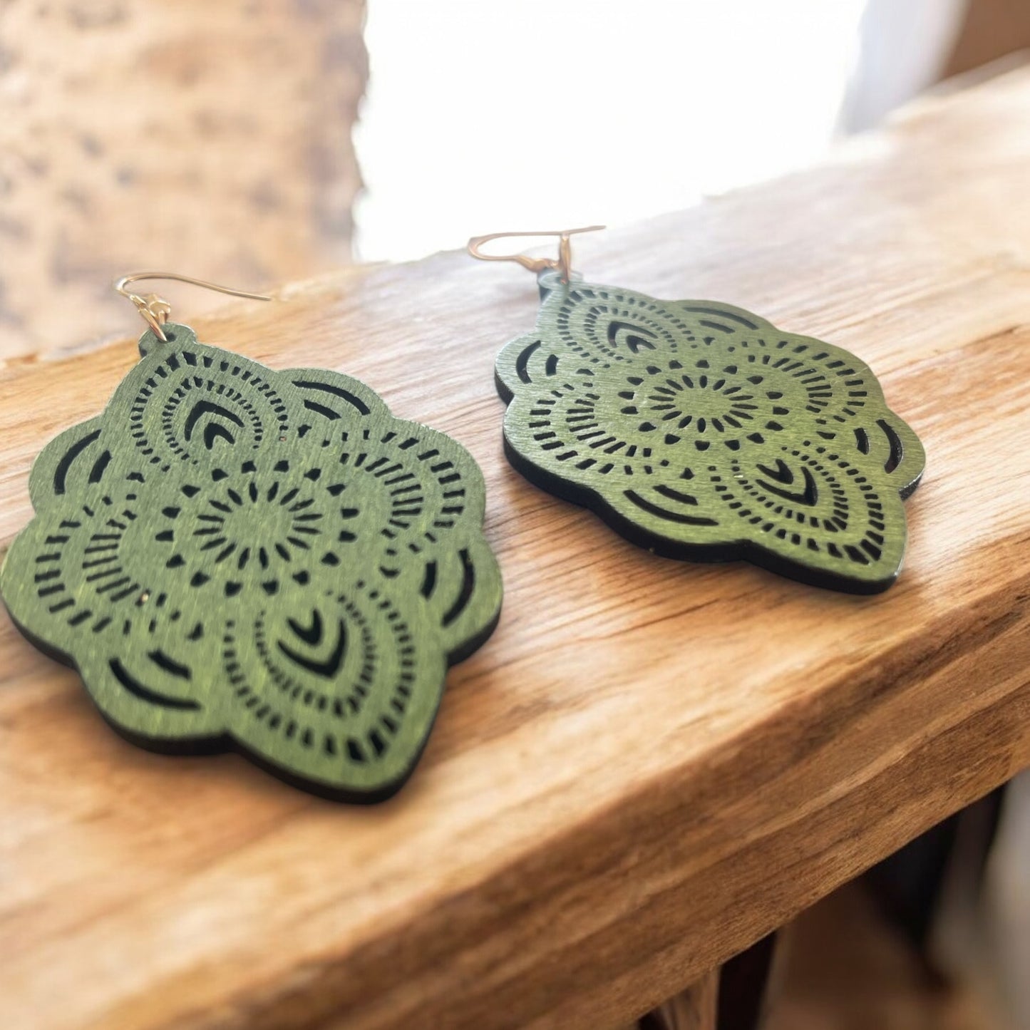 Emerald Mandala Wood Earrings