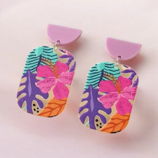 Tropical Hawaiian Floral Dangle Earrings