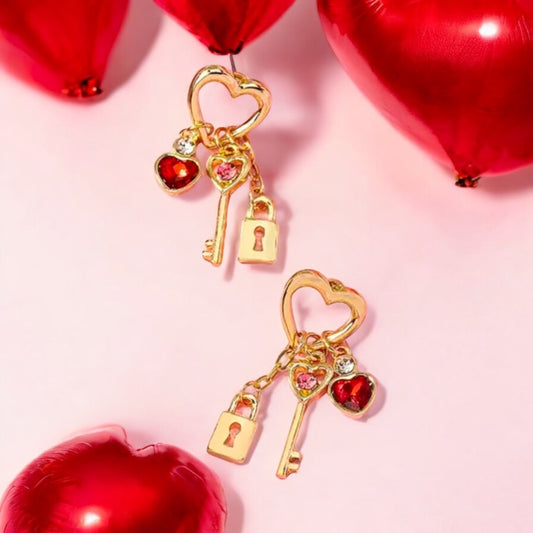 Heart Lock and Key Charm Earrings