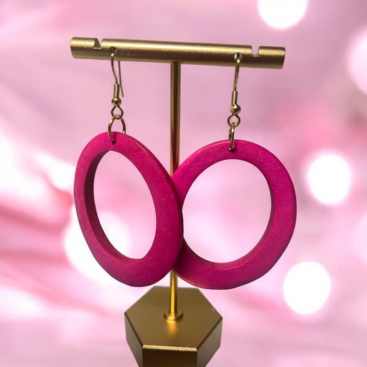 Hot Pink Wood Circle Earrings