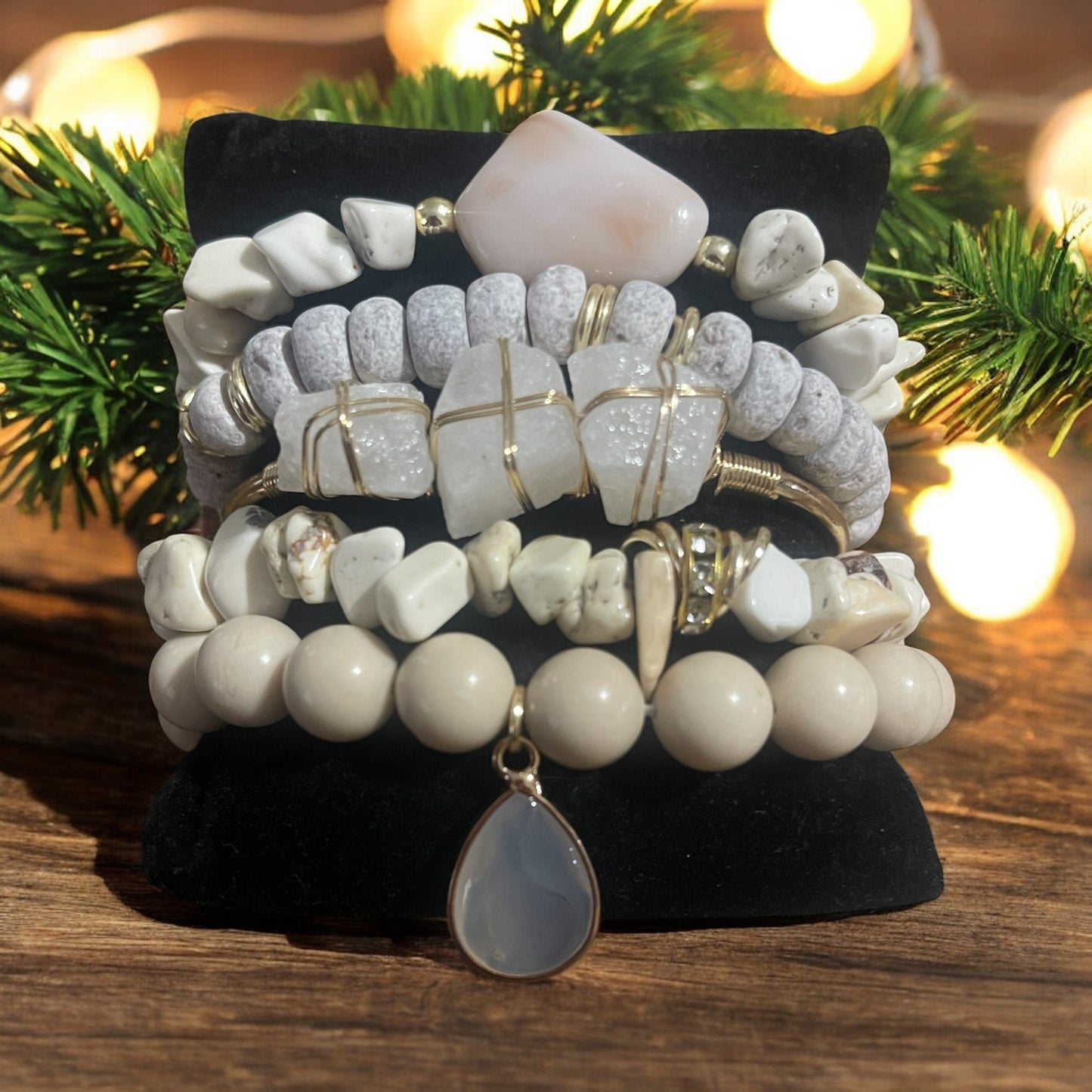 Ivory Luxe 5-Piece Bracelet Stack – Gold-Wired Stone Cuff & Ivory Accents
