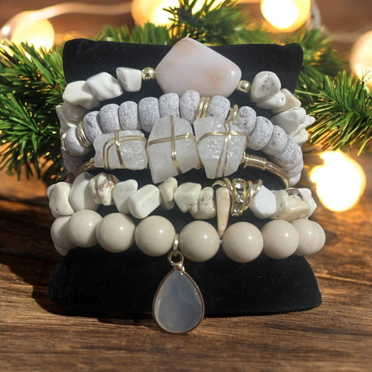 Ivory Luxe 5-Piece Bracelet Stack – Gold-Wired Stone Cuff & Ivory Accents