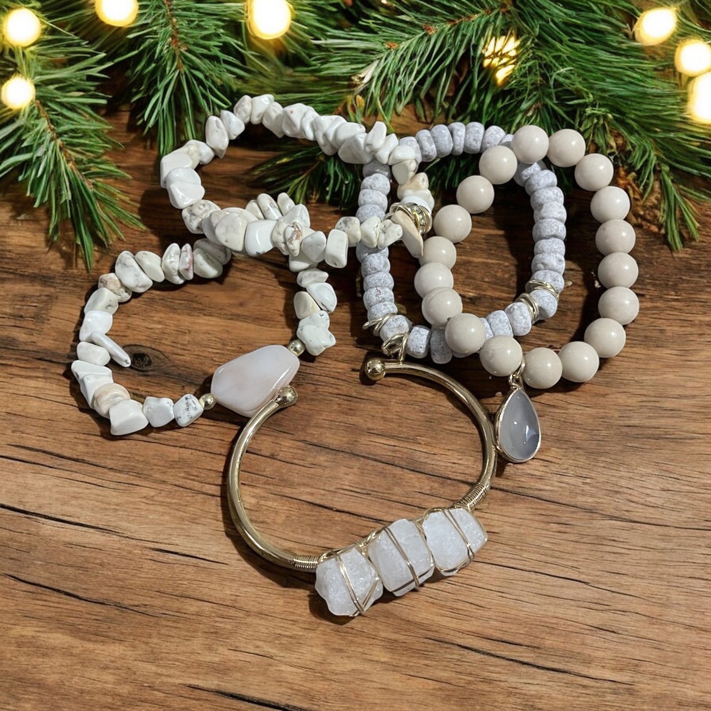 Ivory Luxe 5-Piece Bracelet Stack – Gold-Wired Stone Cuff & Ivory Accents