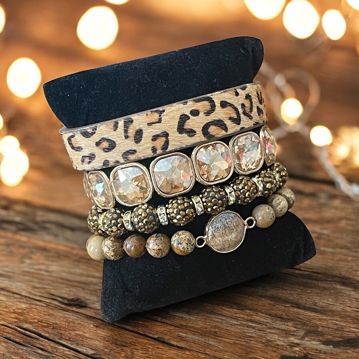 Leopard Luxe Bracelet Stack – Glam, Sparkle & Natural Stone