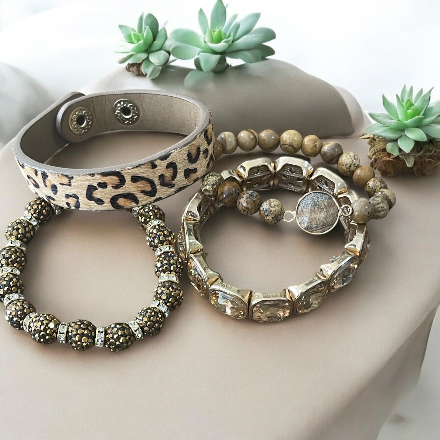 Leopard Luxe Bracelet Stack – Glam, Sparkle & Natural Stone