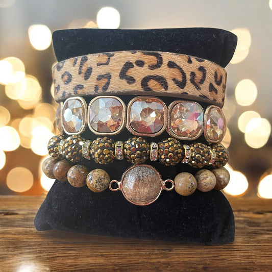 Leopard Luxe Bracelet Stack – Glam, Sparkle & Natural Stone