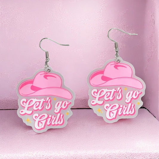 Let’s Go Girls” Pink Cowgirl Hat Acrylic Earrings