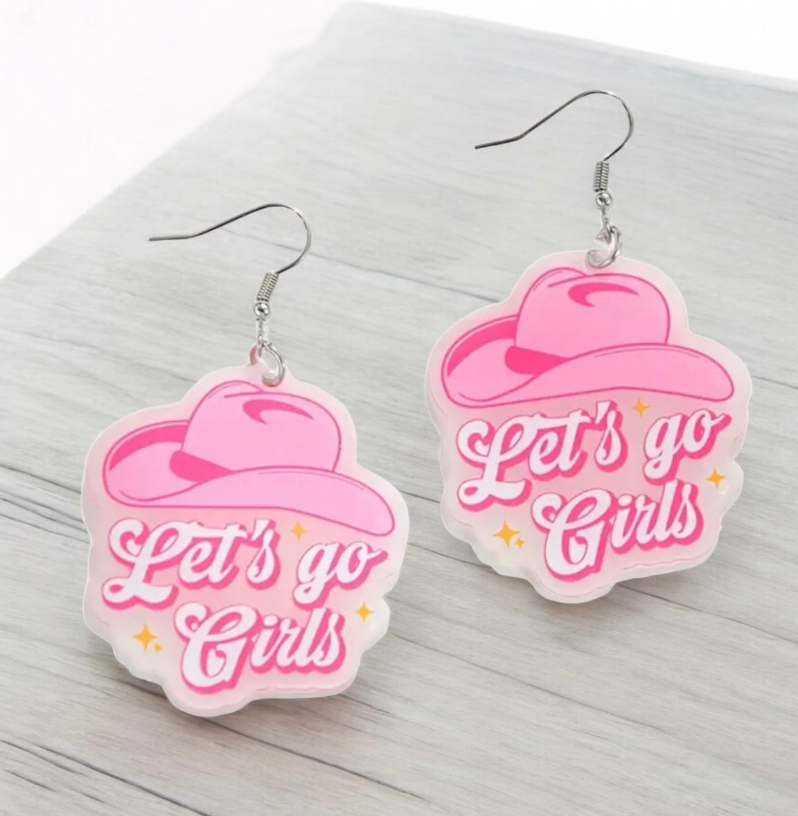 Let’s Go Girls” Pink Cowgirl Hat Acrylic Earrings