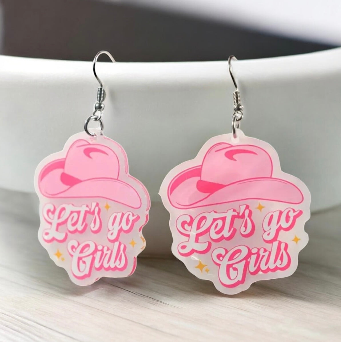 Let’s Go Girls” Pink Cowgirl Hat Acrylic Earrings