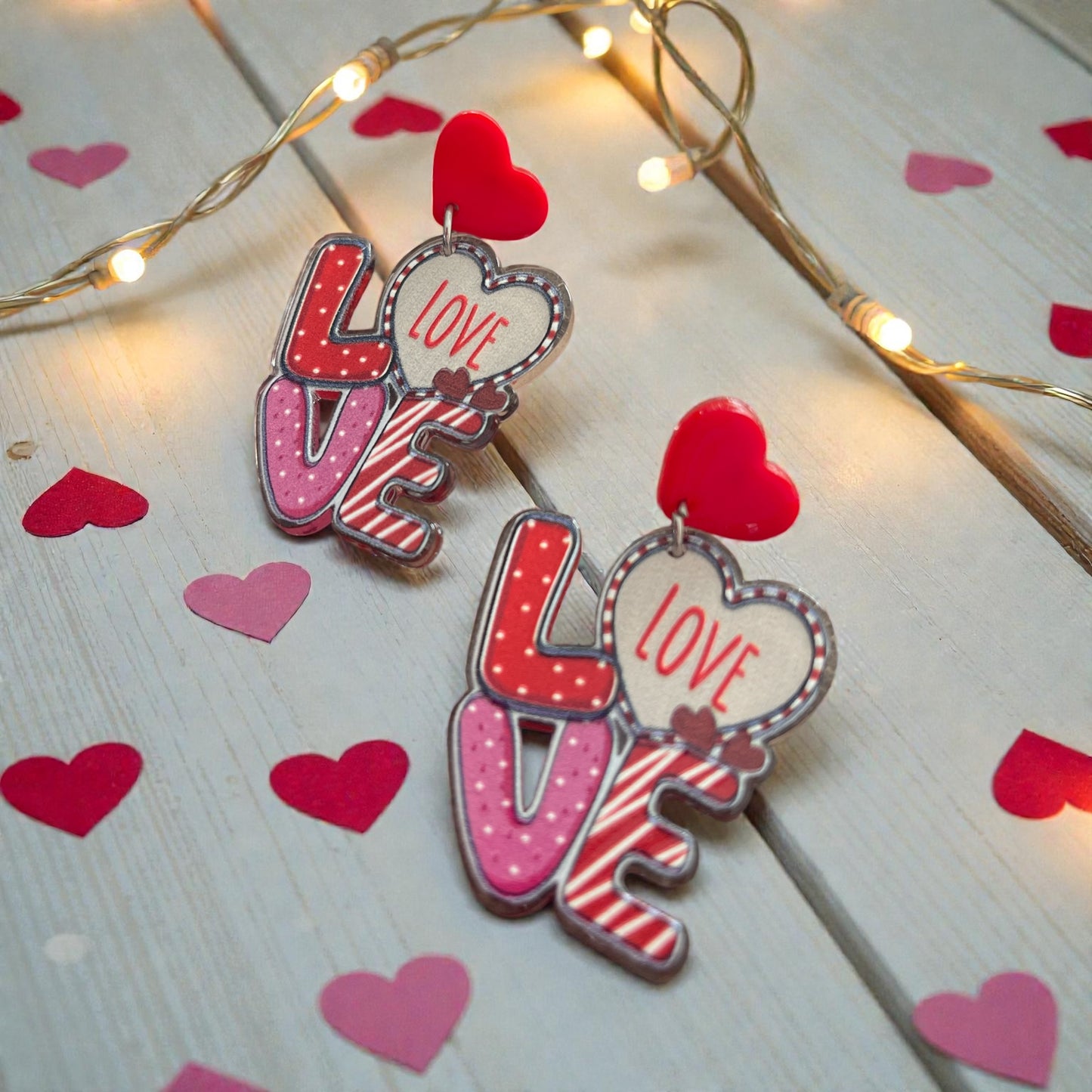 LOVE Statement Dangle Earrings with Red Heart Studs