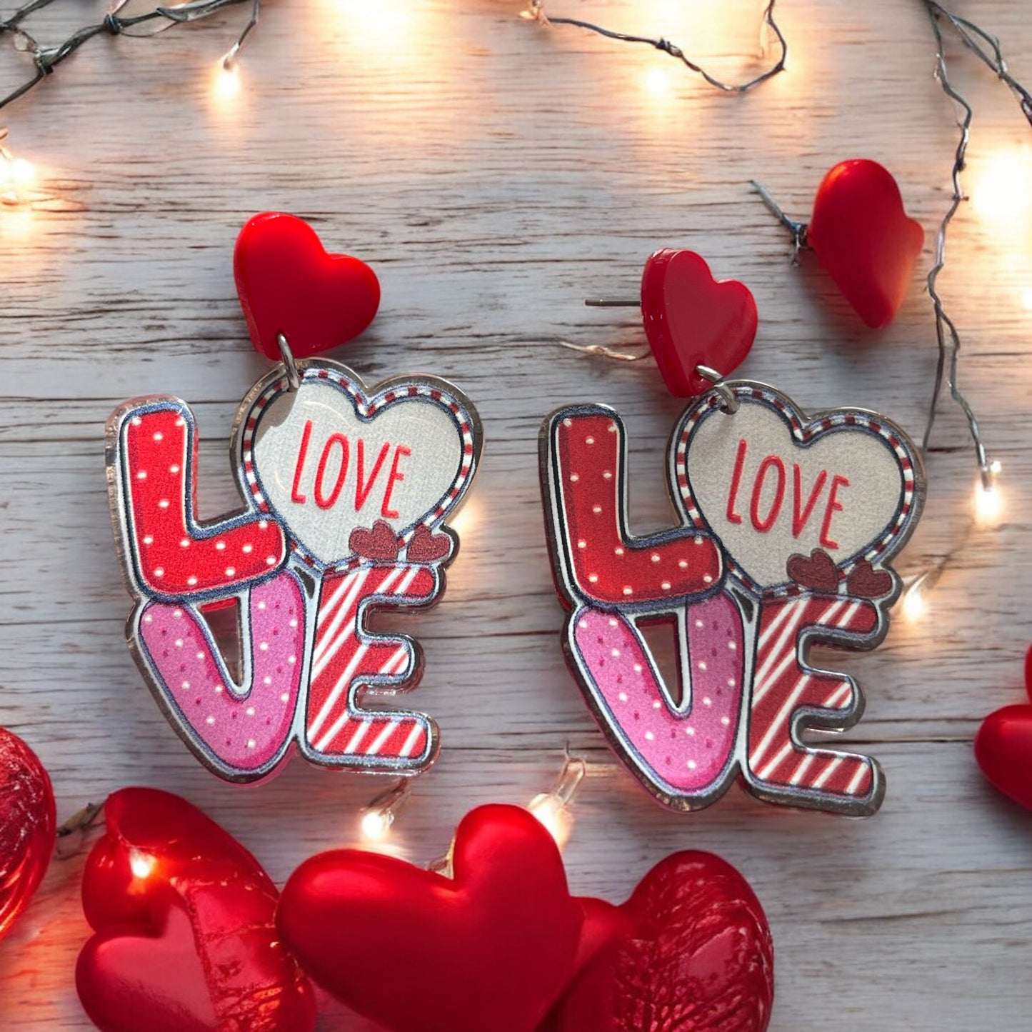 LOVE Statement Dangle Earrings with Red Heart Studs