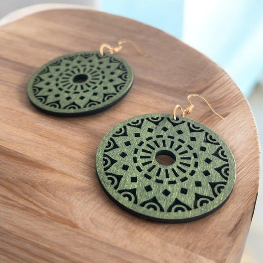 Emerald Mandala Circle Wood Earrings