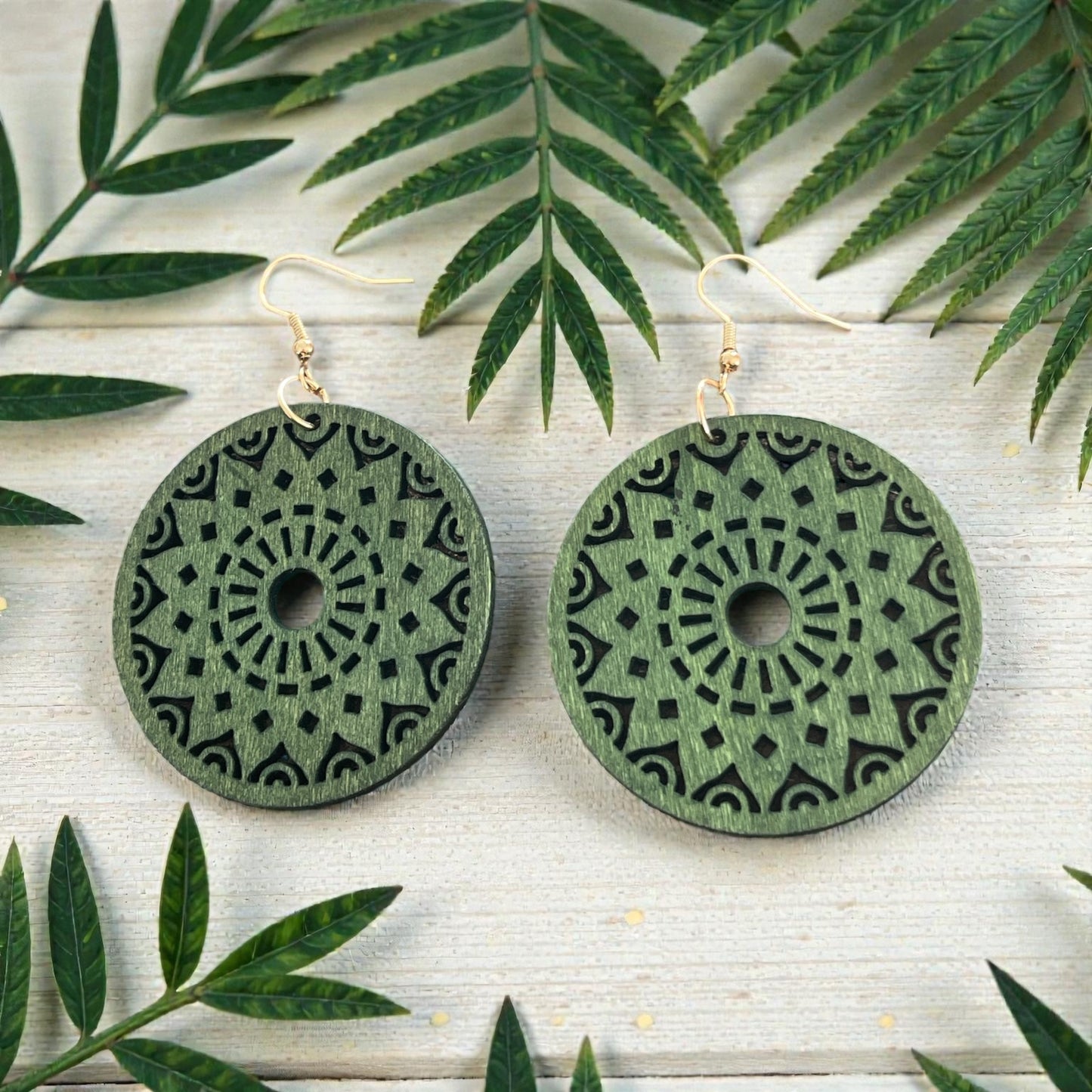 Emerald Mandala Circle Wood Earrings