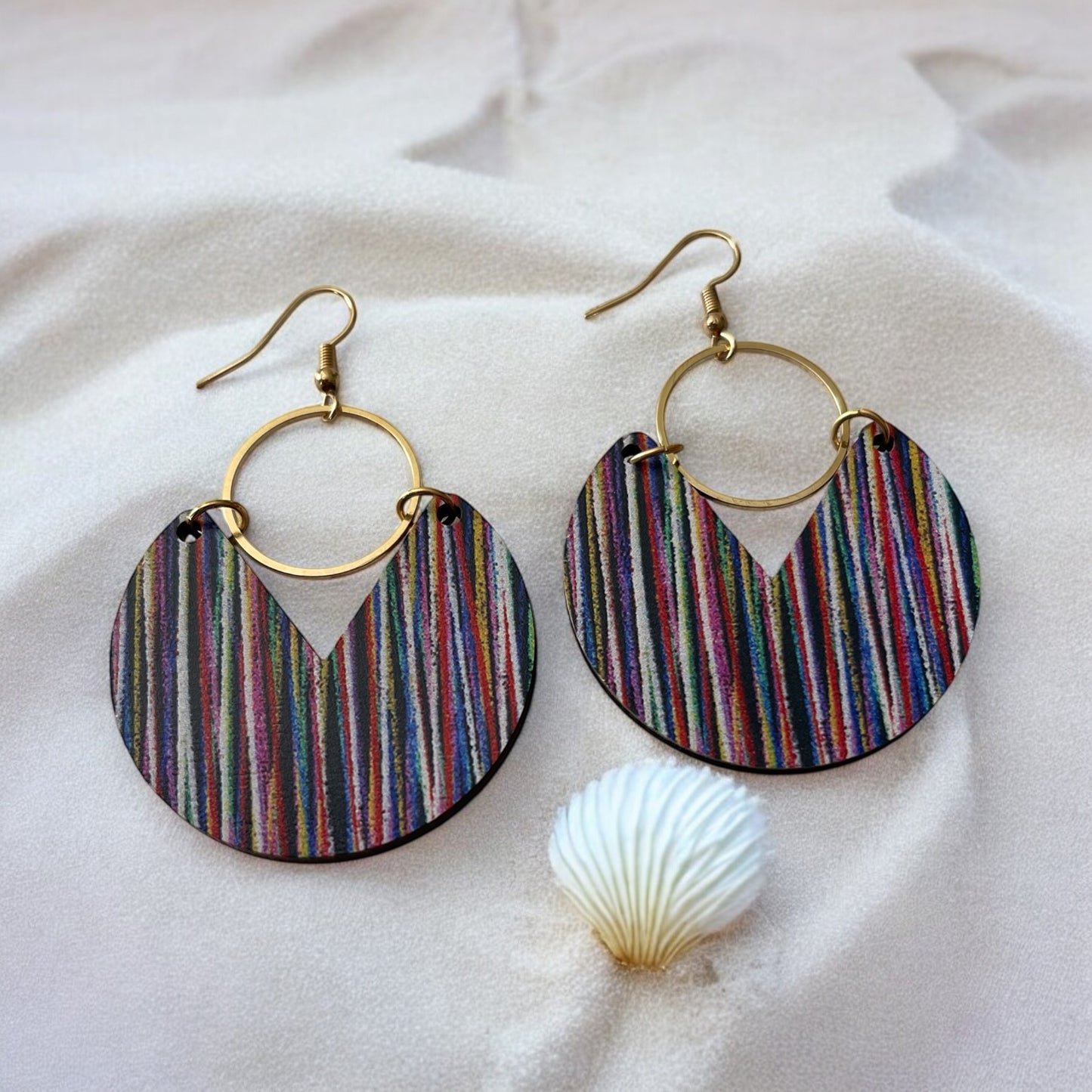 Multi-Colored Wooden Hoop Earrings