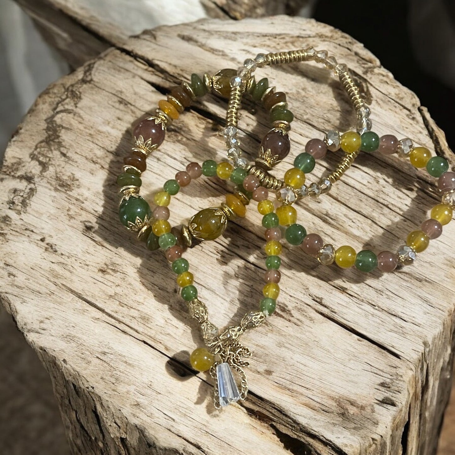 Earthstone Harmony 4-Piece Bracelet Stack – Multicolor Naturals with Gold & Chain Accents