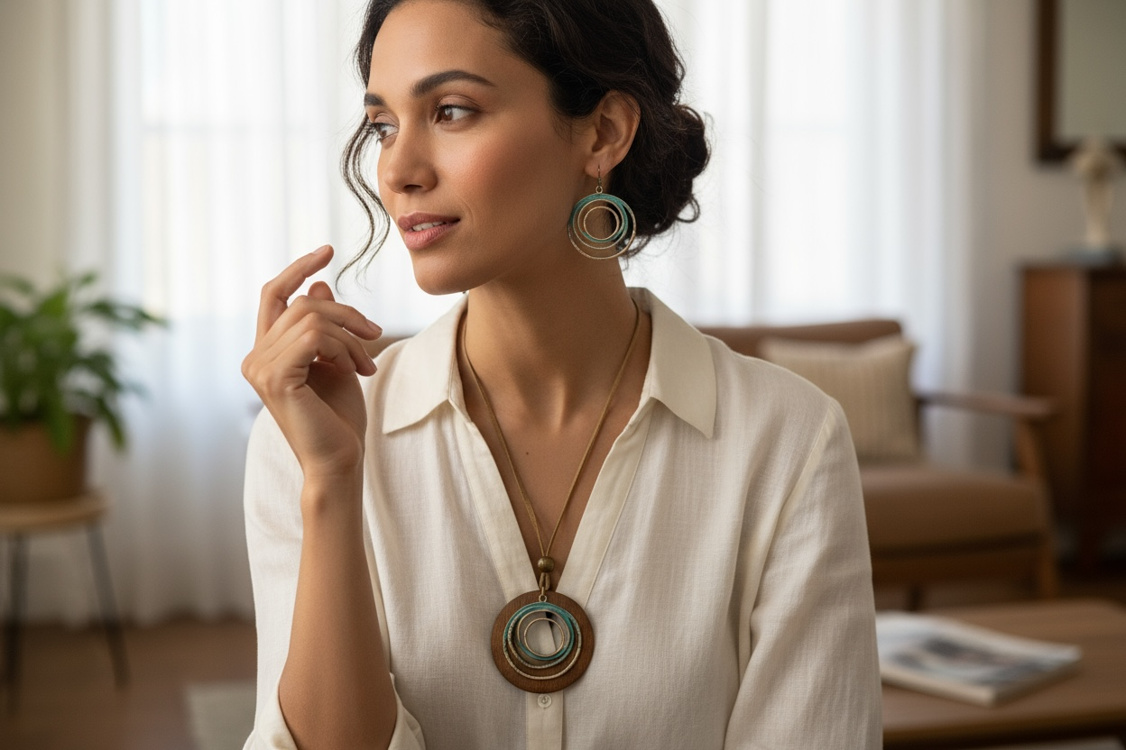 Suede Necklace and Earring Set – Brown Bead, Wood & Bronze Teal Accent