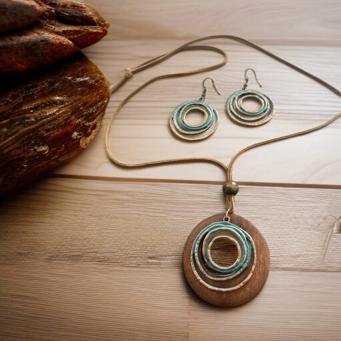Suede Necklace and Earring Set – Brown Bead, Wood & Bronze Teal Accent