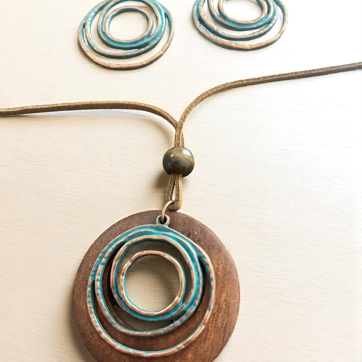 Suede Necklace and Earring Set – Brown Bead, Wood & Bronze Teal Accent