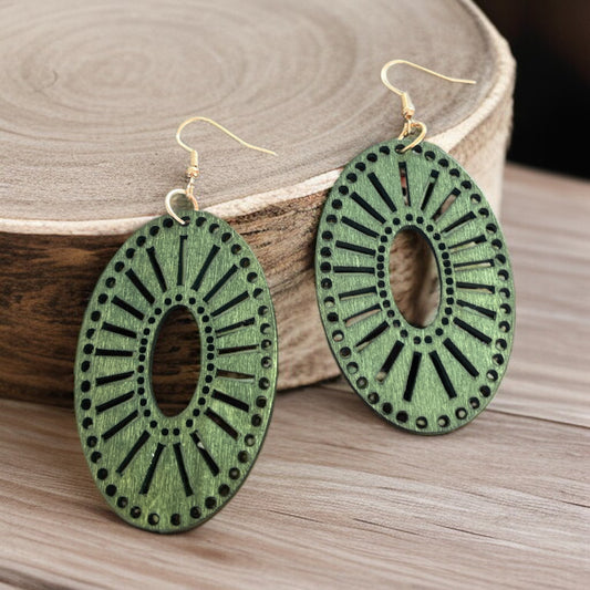 Oval Laser Cut Emerald Wood Earrings
