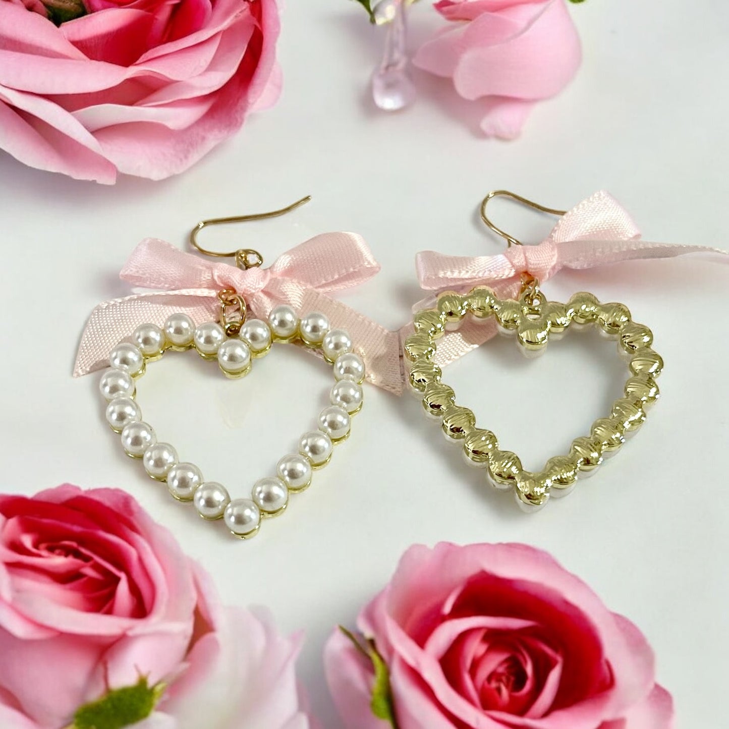 Heart-Shaped Pearl Earrings with Pink Ribbon Bows