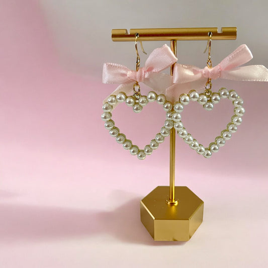 Heart-Shaped Pearl Earrings with Pink Ribbon Bows