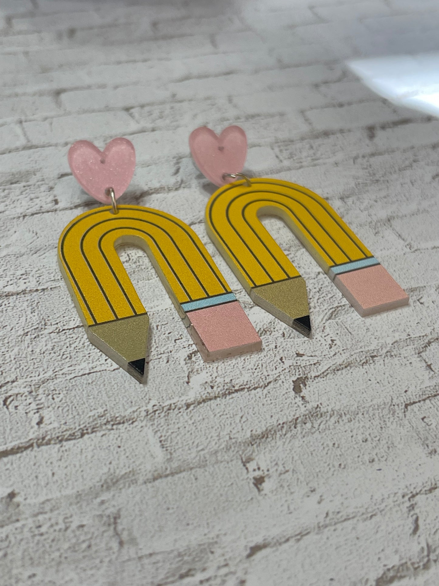 Pencil Earrings with Shimmery Pink Heart Stud