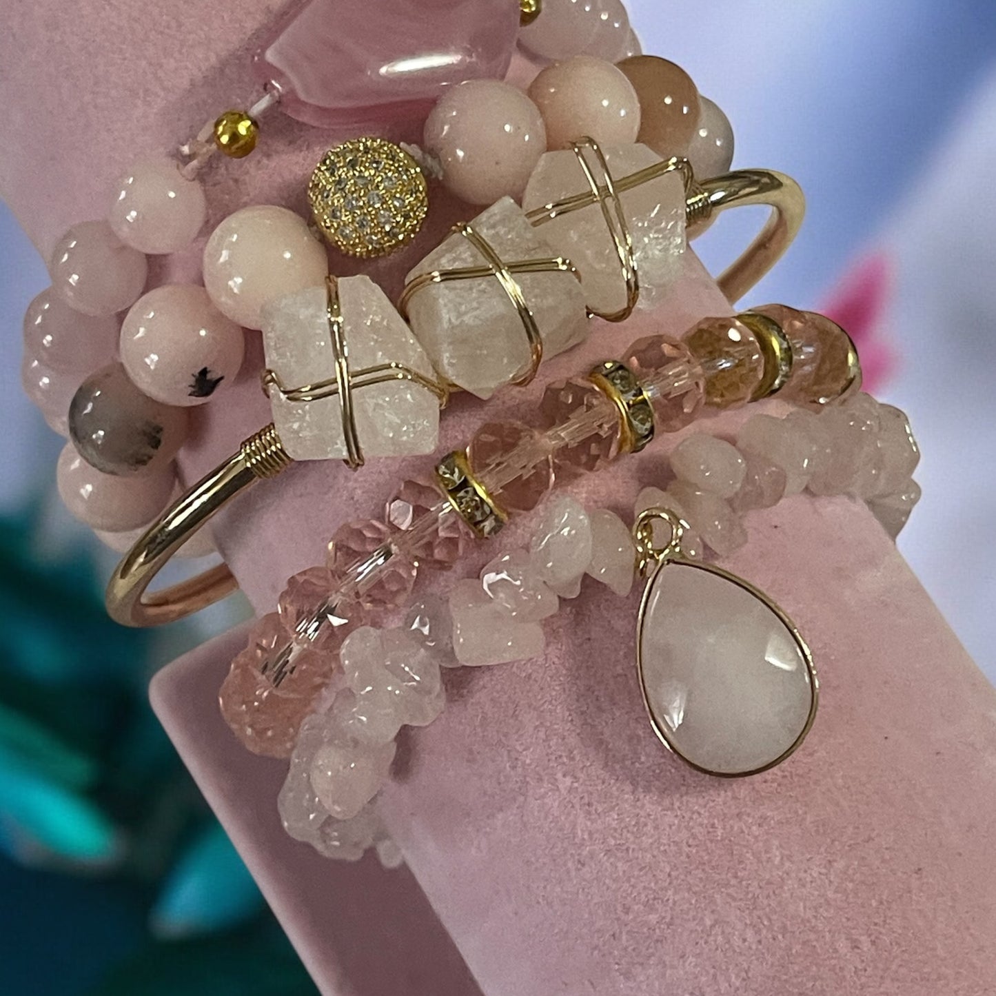 Elegant Blush Pink Gemstone Bracelet Set