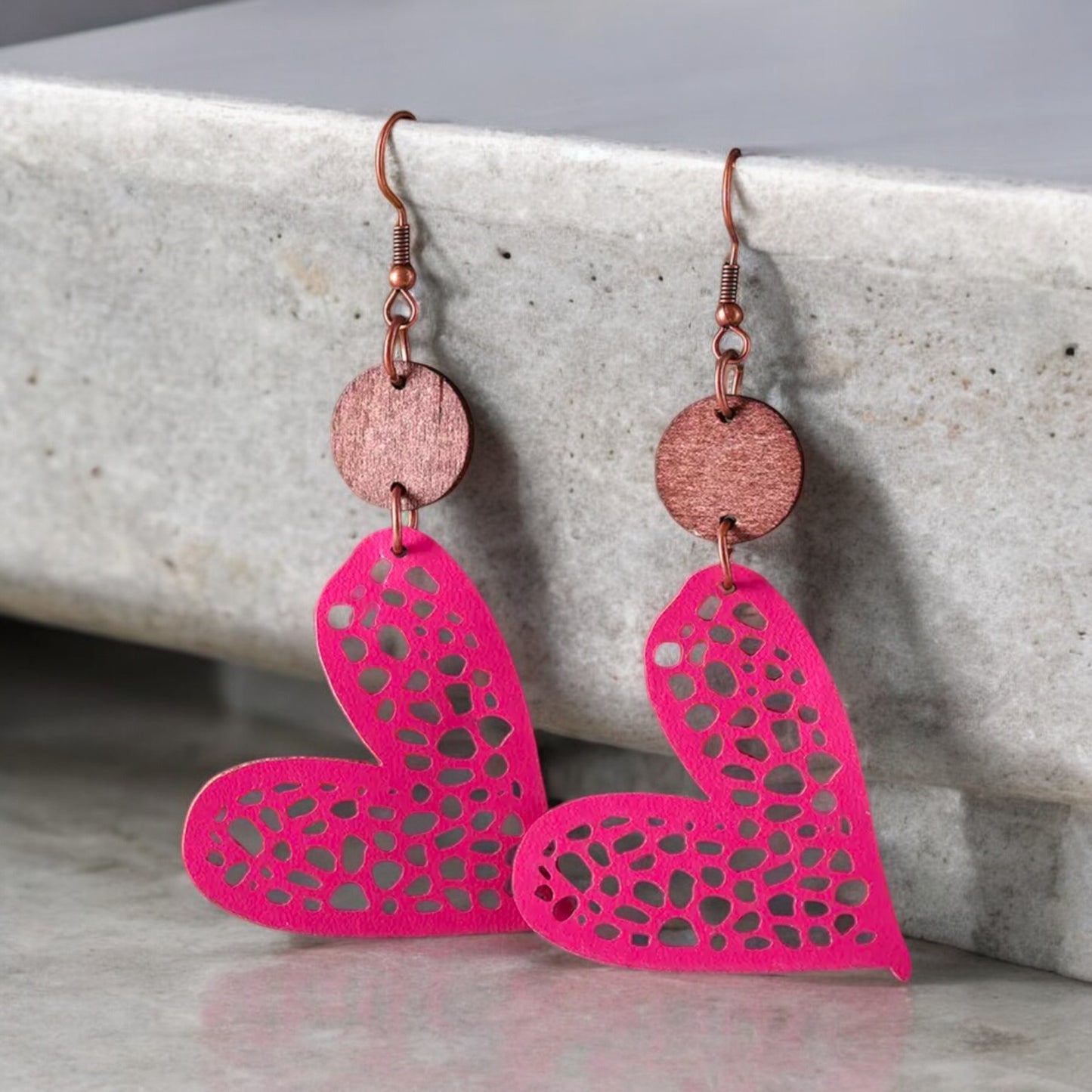 Pink Heart Faux Leather Earrings with Wood Accent