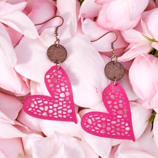 Pink Heart Faux Leather Earrings with Wood Accent