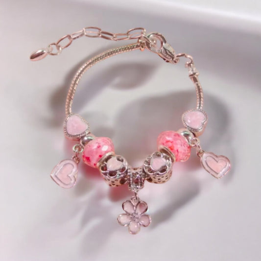 Pink Heart and Flower Charm Bracelet