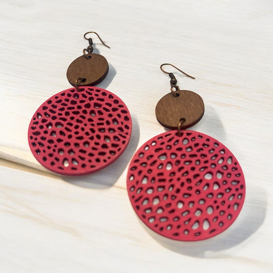 Laser Cut Pink Earrings with Wood Accent