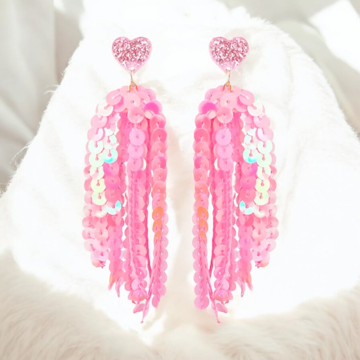 Pink Sequin Tassel Heart Earrings