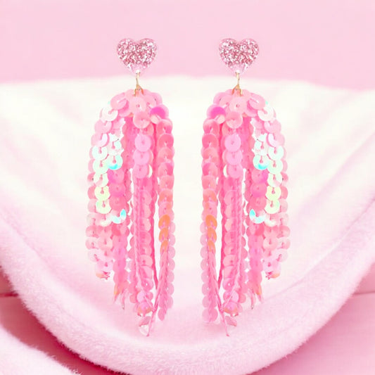 Pink Sequin Tassel Heart Earrings