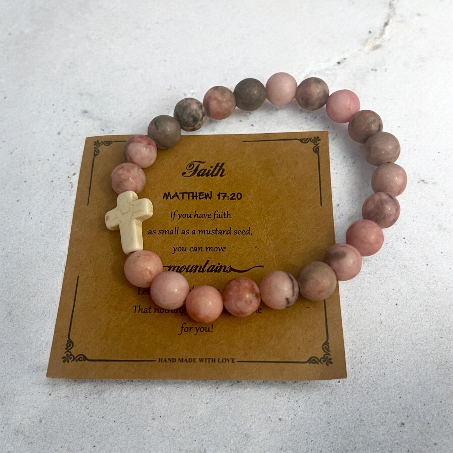 Pink, Gray, and Black Cross Beaded Bracelet - Stretchy Faith & Inspirational