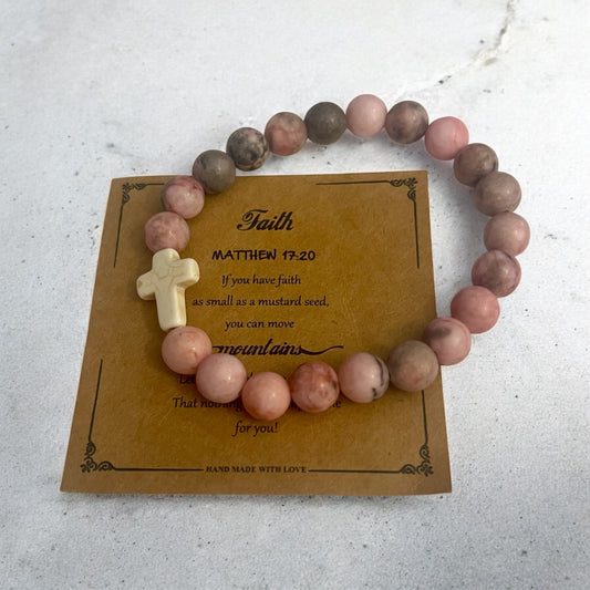Pink, Gray, and Black Cross Beaded Bracelet - Stretchy Faith & Inspirational