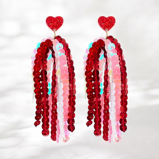 Red and Pink Sequin Tassel Heart Earrings