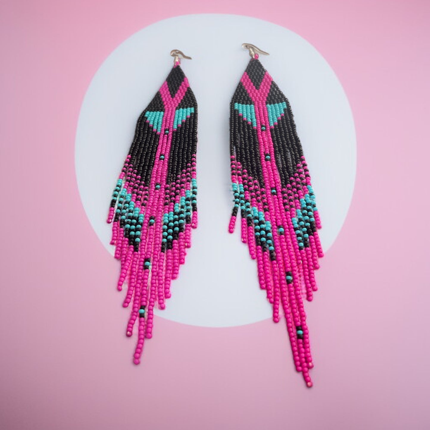 Hot Pink & Aqua Beaded Fringe Earrings – Bold Boho Statement Jewelry