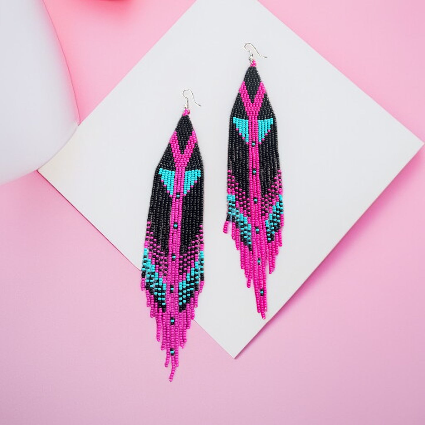 Hot Pink & Aqua Beaded Fringe Earrings – Bold Boho Statement Jewelry