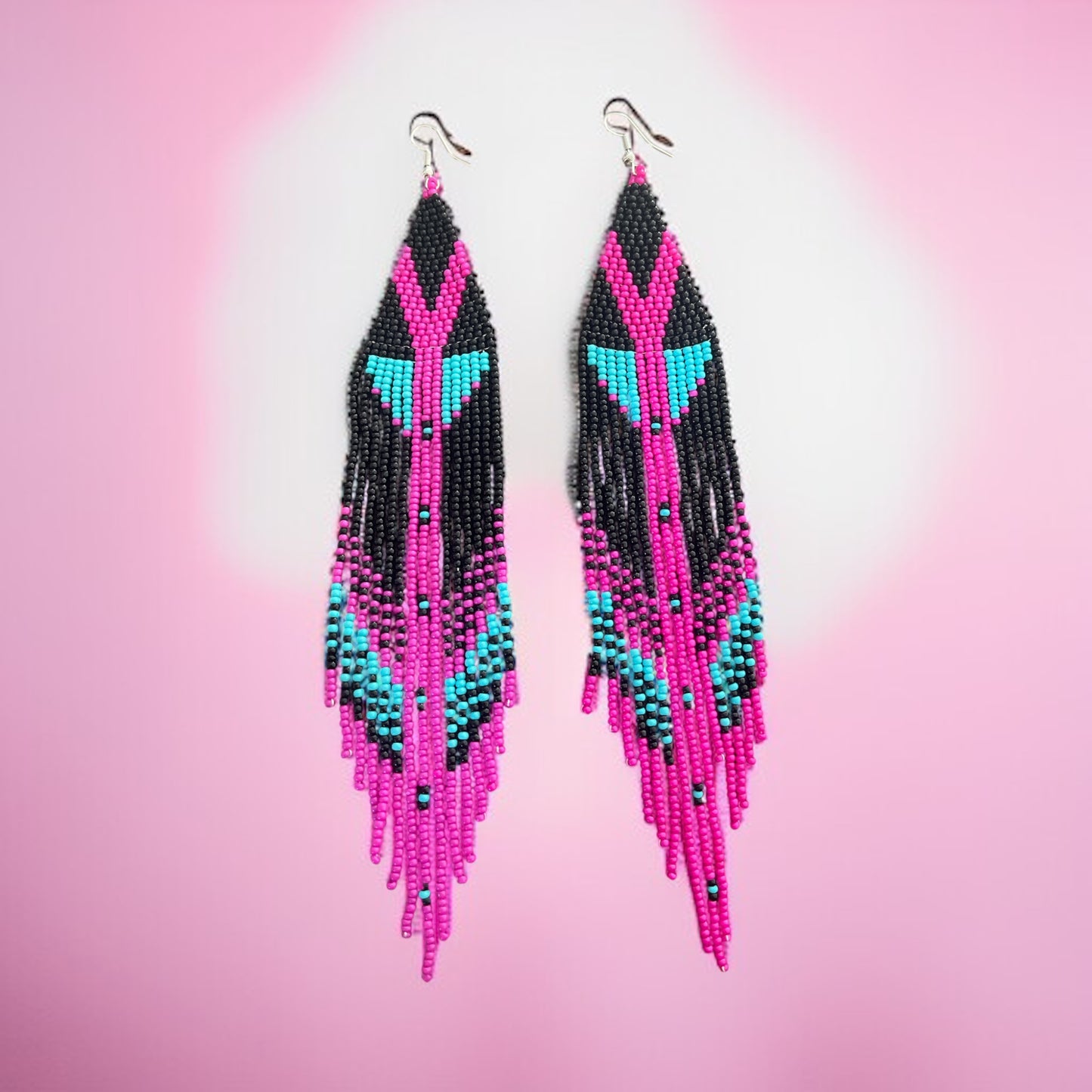 Hot Pink & Aqua Beaded Fringe Earrings – Bold Boho Statement Jewelry
