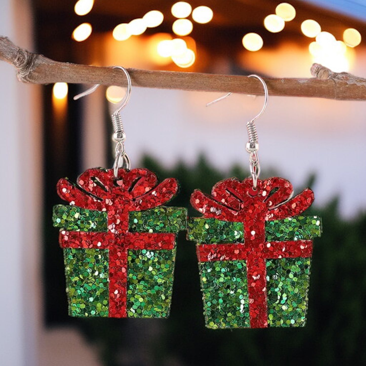 Glittery Christmas Present Earrings – Red & Green Holiday Gift Box Design